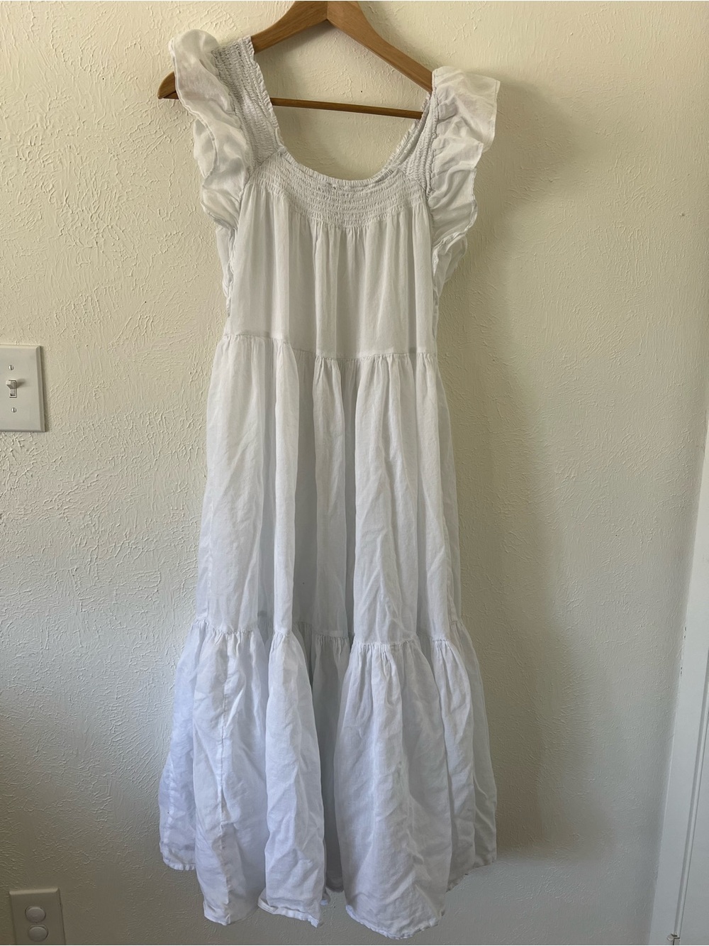 J. Crew White Tiered Midi Dress with Ruffle Sleeves